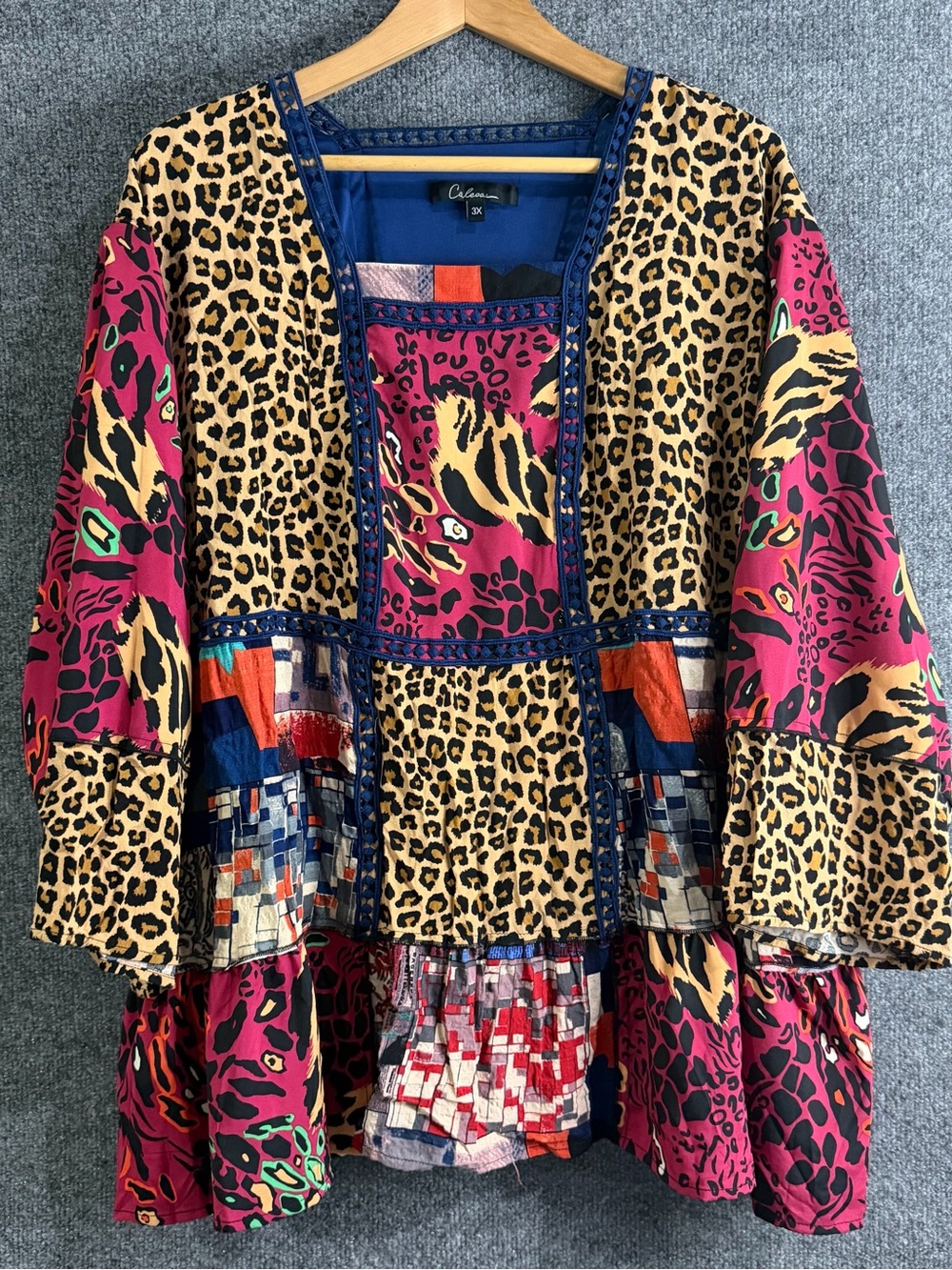 Calessa Womens 3X Animal Print Patchwork Crochet Lace Trim Tiered Tunic Blouse